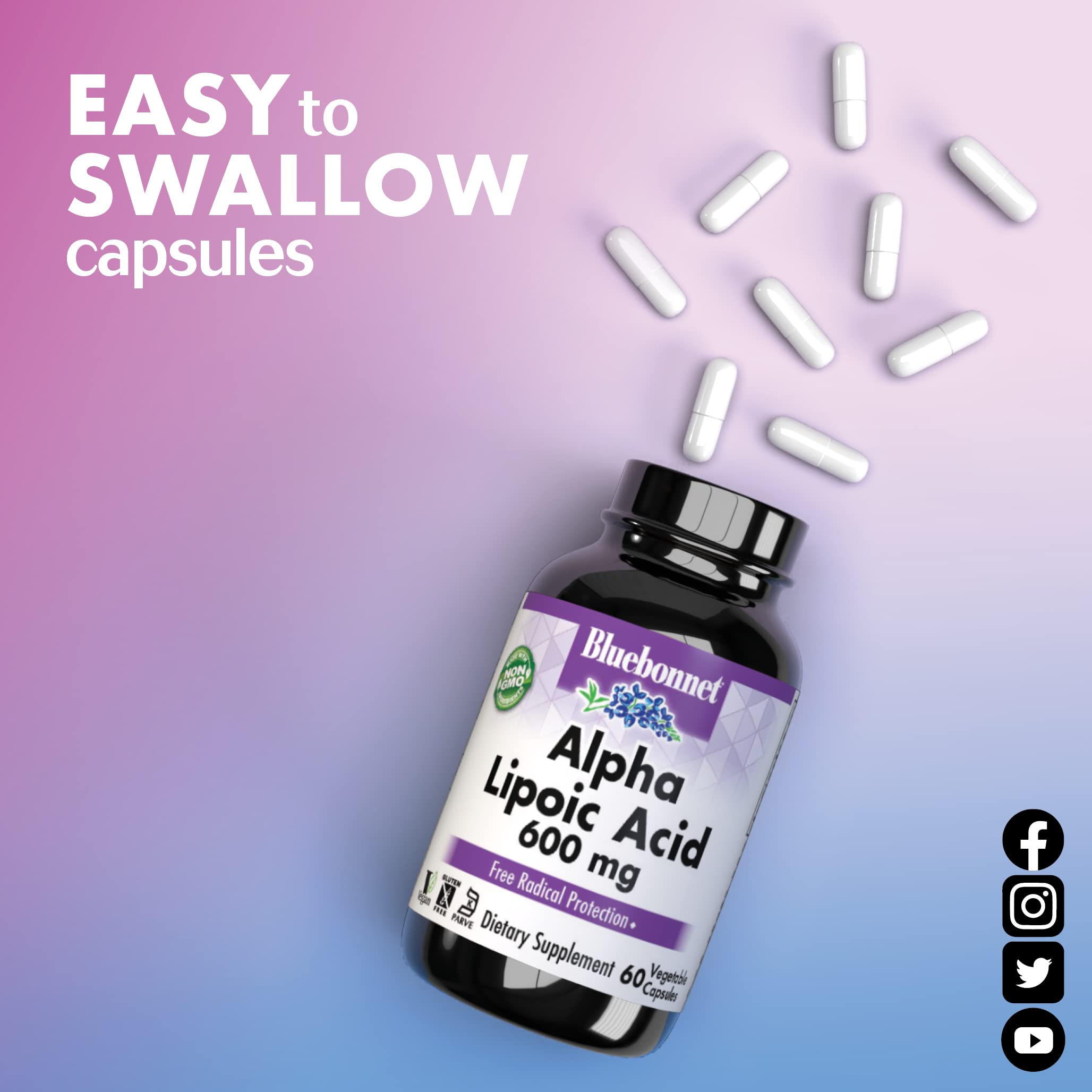 BlueBonnet Alpha Lipoic Acid 600mg packaging with vegan and non-GMO icons