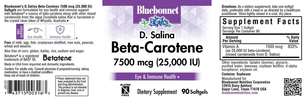 Ingredients and allergen information label for BlueBonnet Beta-Carotene Soft Gels