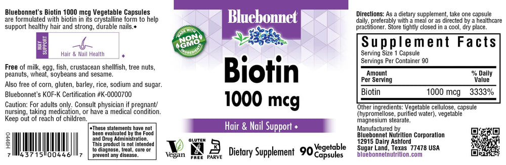90-count bottle of Bluebonnet Biotin 1000 mcg supplement showing capsules
