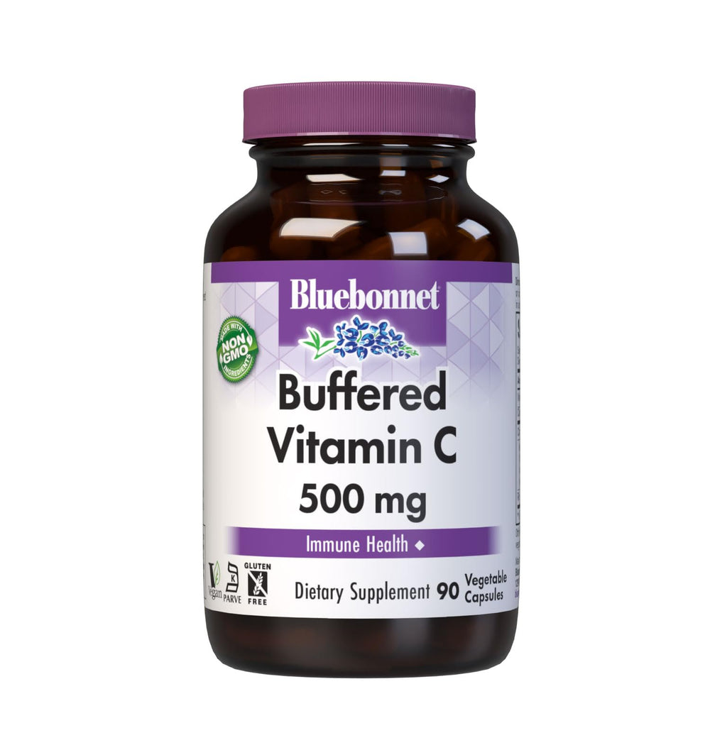 Front view of BlueBonnet Buffered Vitamin C 500 mg Vegetable Capsules bottle in white