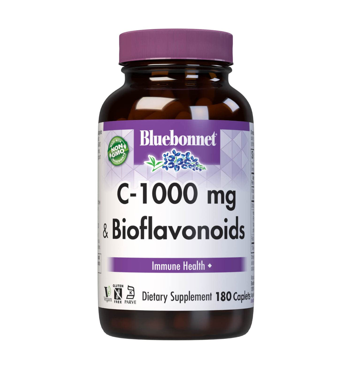 Bluebonnet C-1000 mg Plus Bioflavonoids Caplets bottle label showing 1000 mg Vitamin C with citrus bioflavonoids
