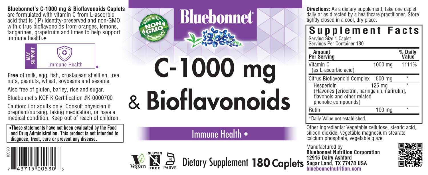 Bluebonnet C-1000 mg Plus Bioflavonoids Caplets bottle with caplets and citrus bioflavonoids imagery