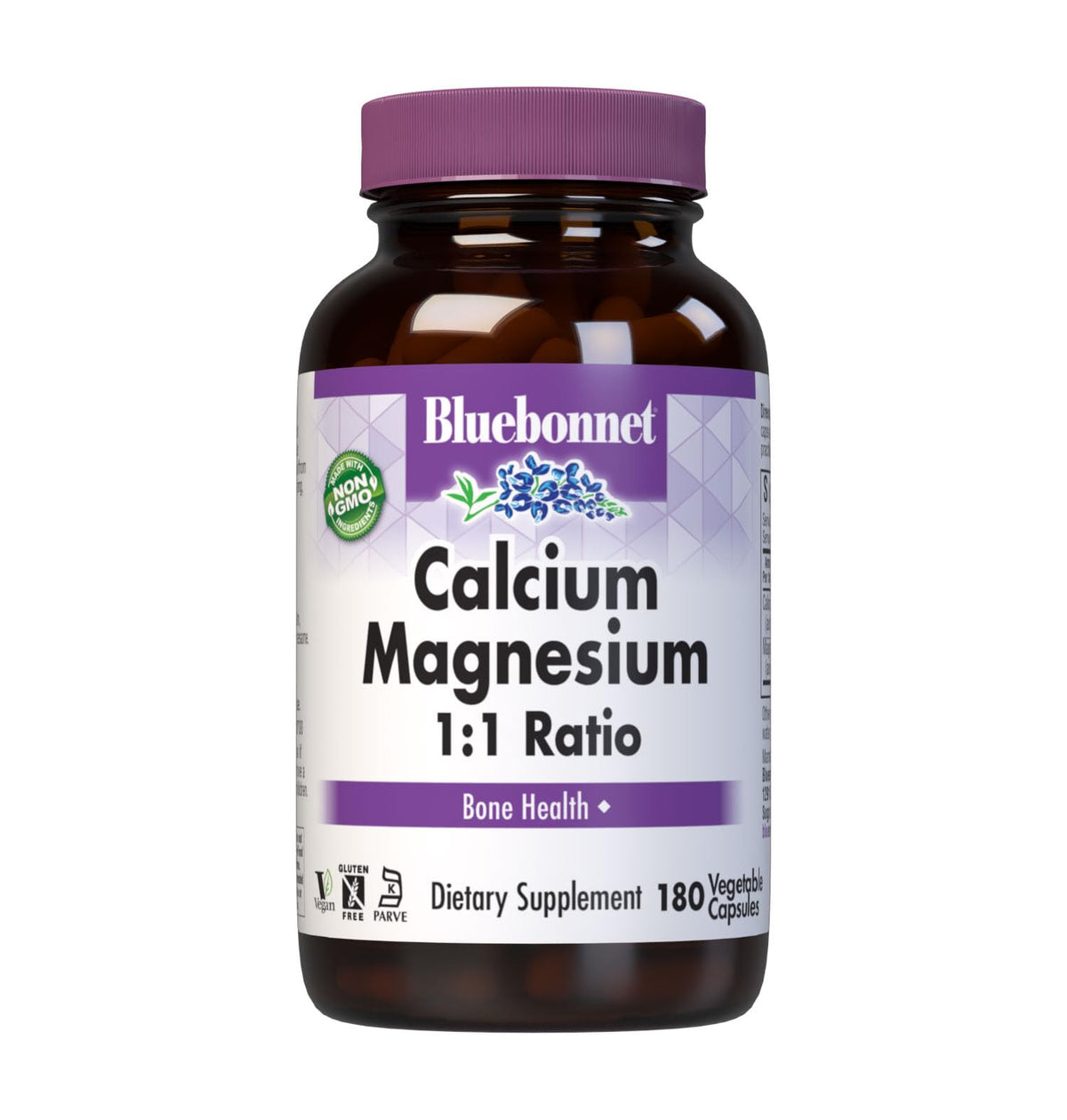 BlueBonnet Calcium Magnesium 1:1 Ratio Vegetarian Capsules bottle on white background