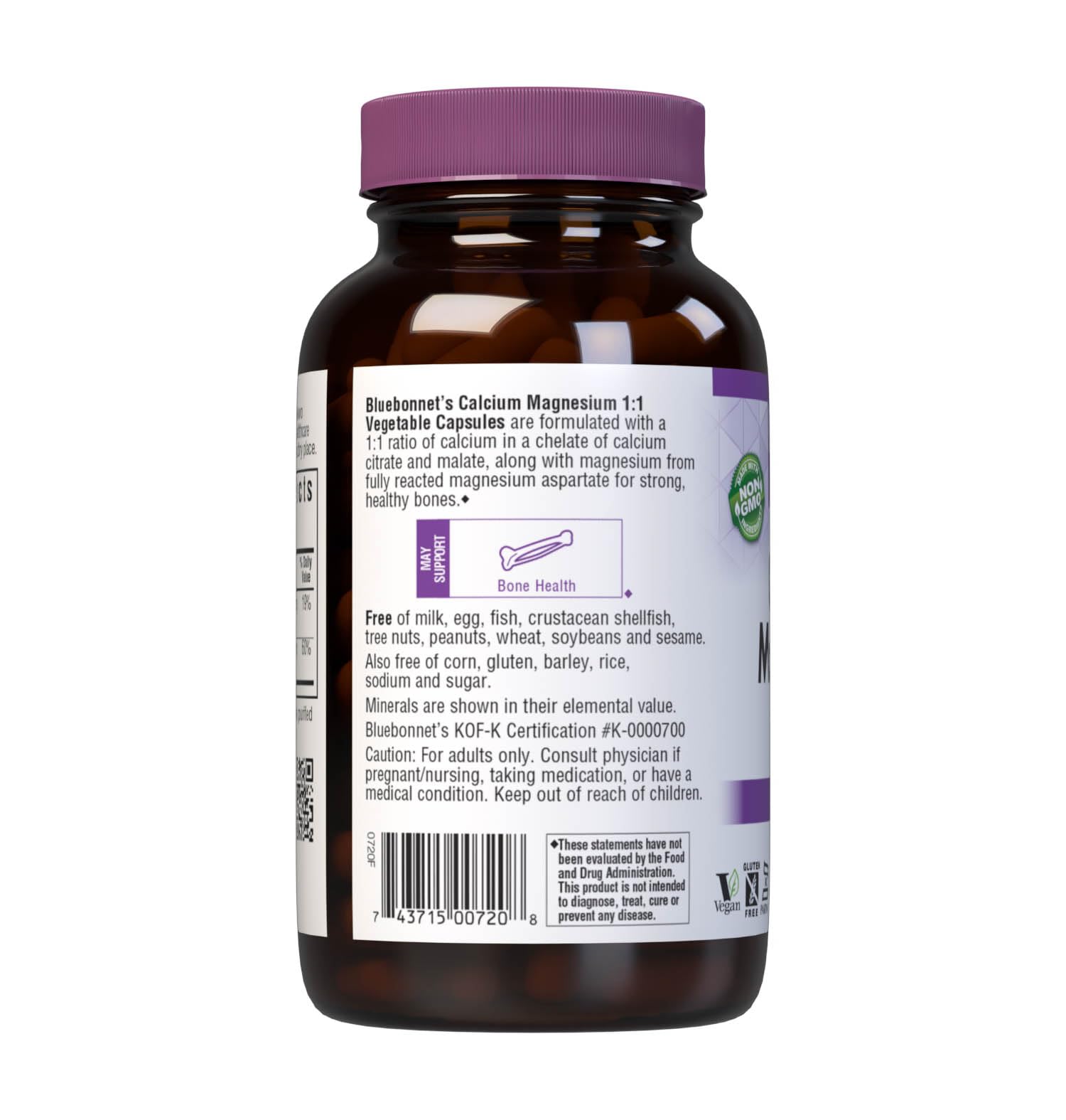 Back/side view of the 180-count vegetarian capsules bottle with Non-GMO, Vegan, Kosher, Gluten-Free icons
