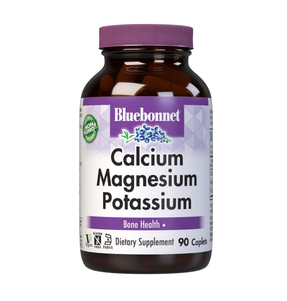 Bluebonnet Calcium Magnesium Potassium bottle with label showing 1000 mg Calcium, 400 mg Magnesium, 99 mg Potassium