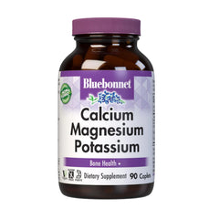 Bluebonnet Calcium Magnesium Potassium bottle with label showing 1000 mg Calcium, 400 mg Magnesium, 99 mg Potassium