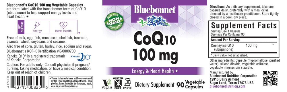 BlueBonnet CoQ-10 Vegetarian Capsules label close-up - ingredients and serving size