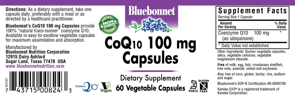 Close-up of BlueBonnet CoQ-10 100 mg capsules