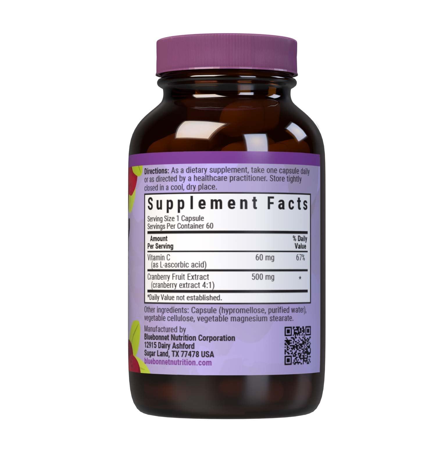 Label showing Cranberry Fruit Extract with Vitamin C, Non-GMO, Kosher, Vegan