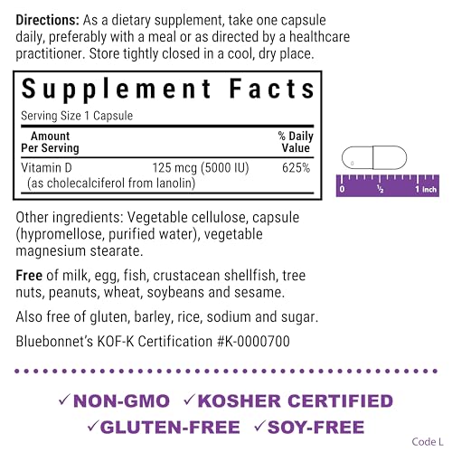 Close-up of Bluebonnet Vitamin D3 5000 IU capsules