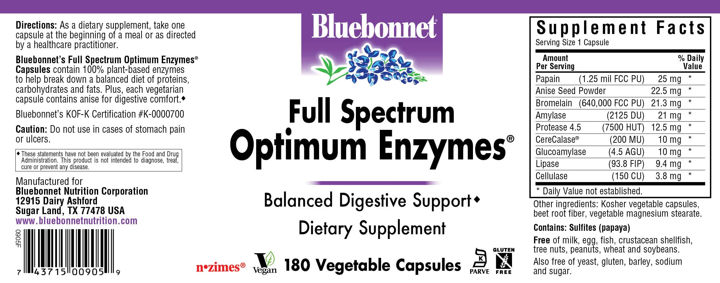 BlueBonnet Digestive Enzymes bottle and packaging label highlighting vegan and gluten-free features