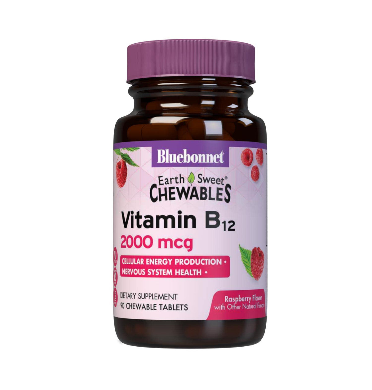 Front view of BlueBonnet Nutrition EarthSweet Vitamin B12 2000 mcg Raspberry Chewables bottle