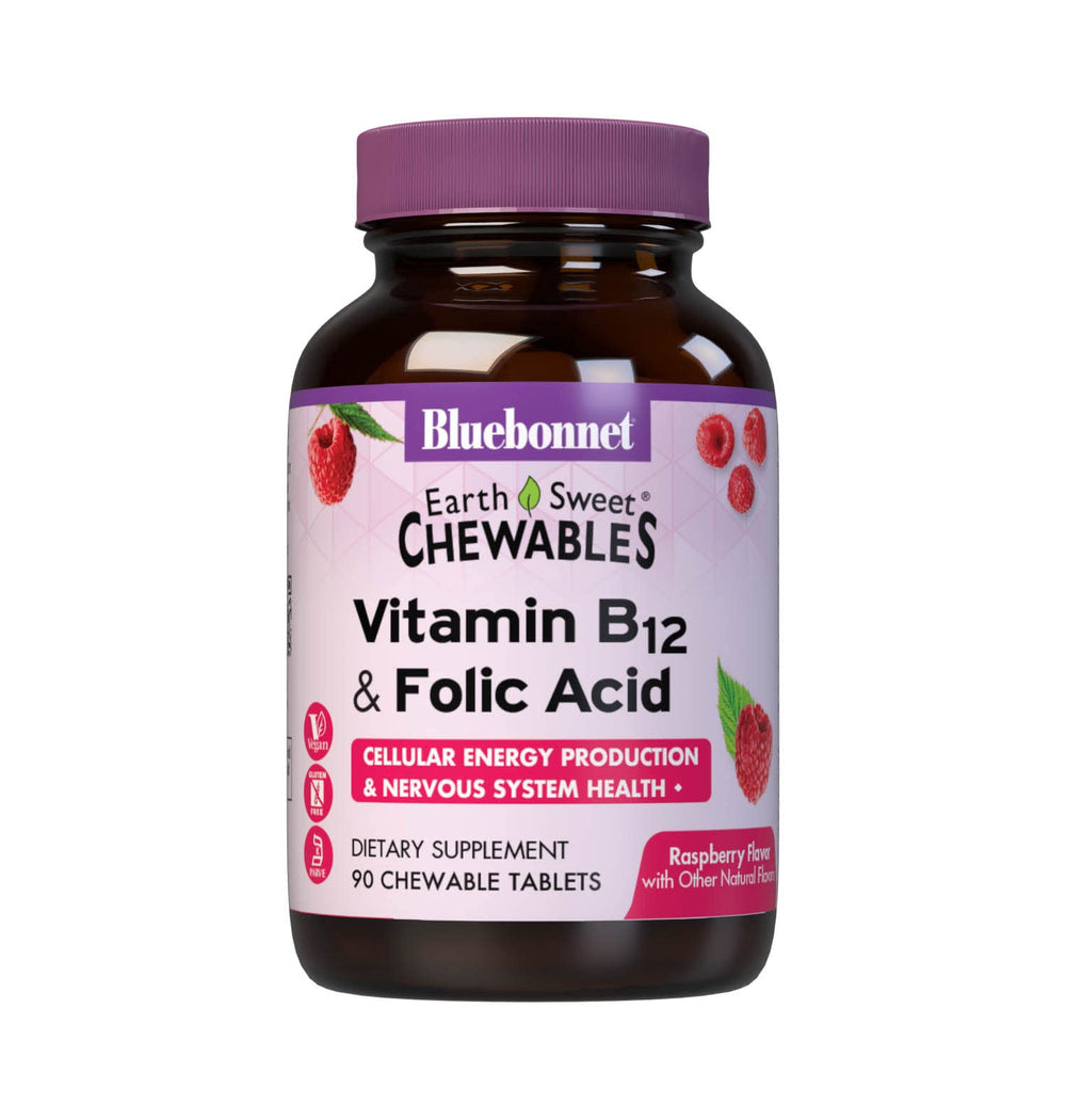 BlueBonnet EarthSweet B12 & Folic Acid Raspberry Chewables bottle, 90 count