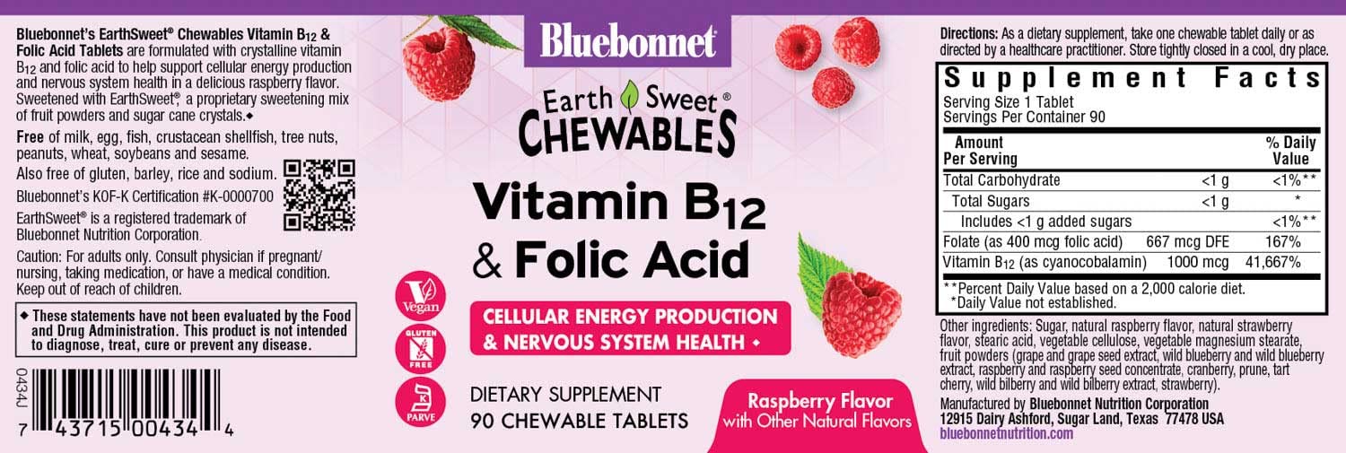 Close-up of Raspberry-flavored EarthSweet B12 & Folic Acid chewable tablets