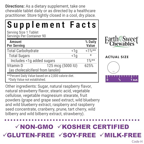 Close-up of Bluebonnet EarthSweet D3 Raspberry chewable tablets