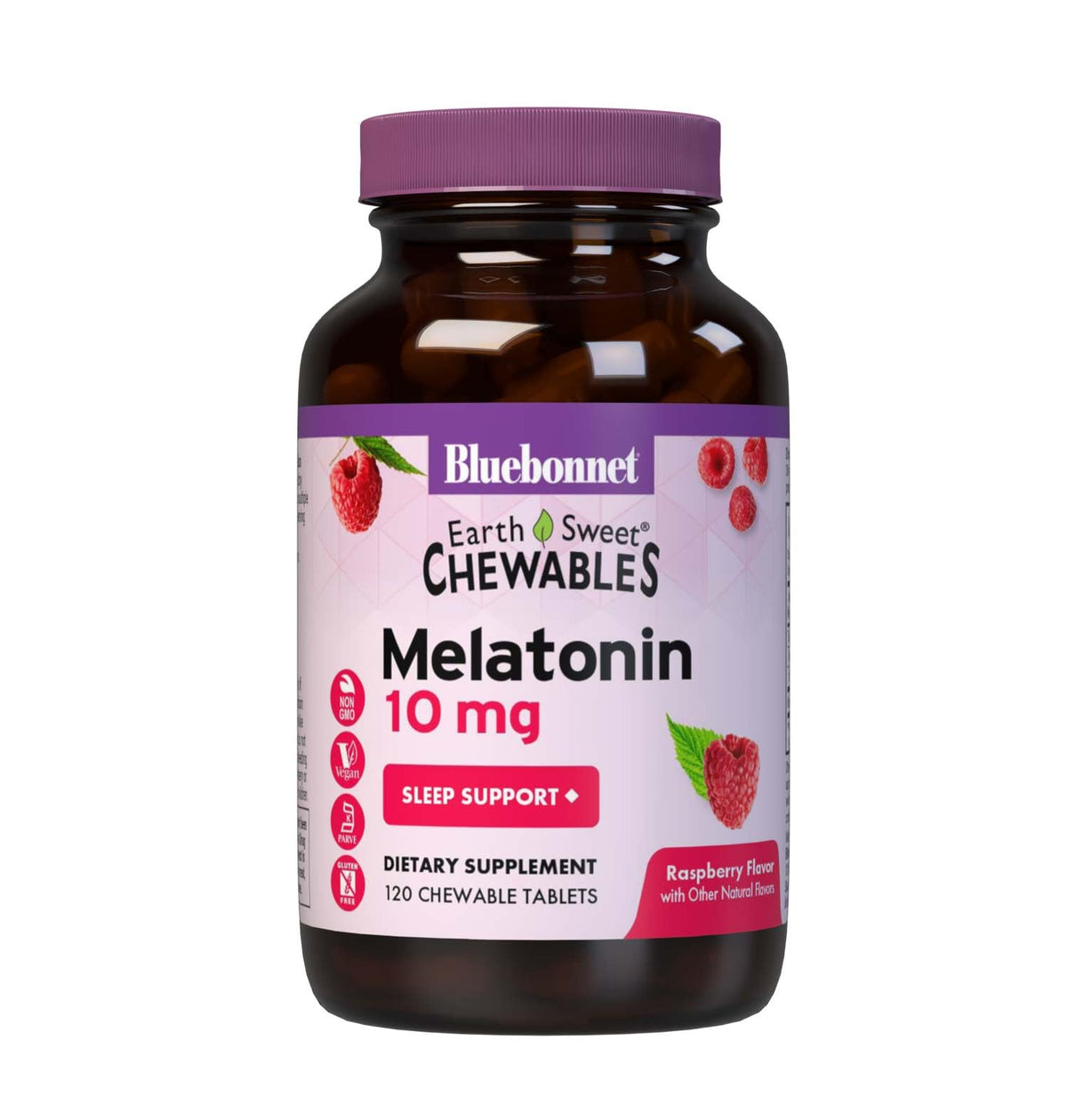 Bottle of Bluebonnet EarthSweet Melatonin 10 mg chewables with raspberry flavor