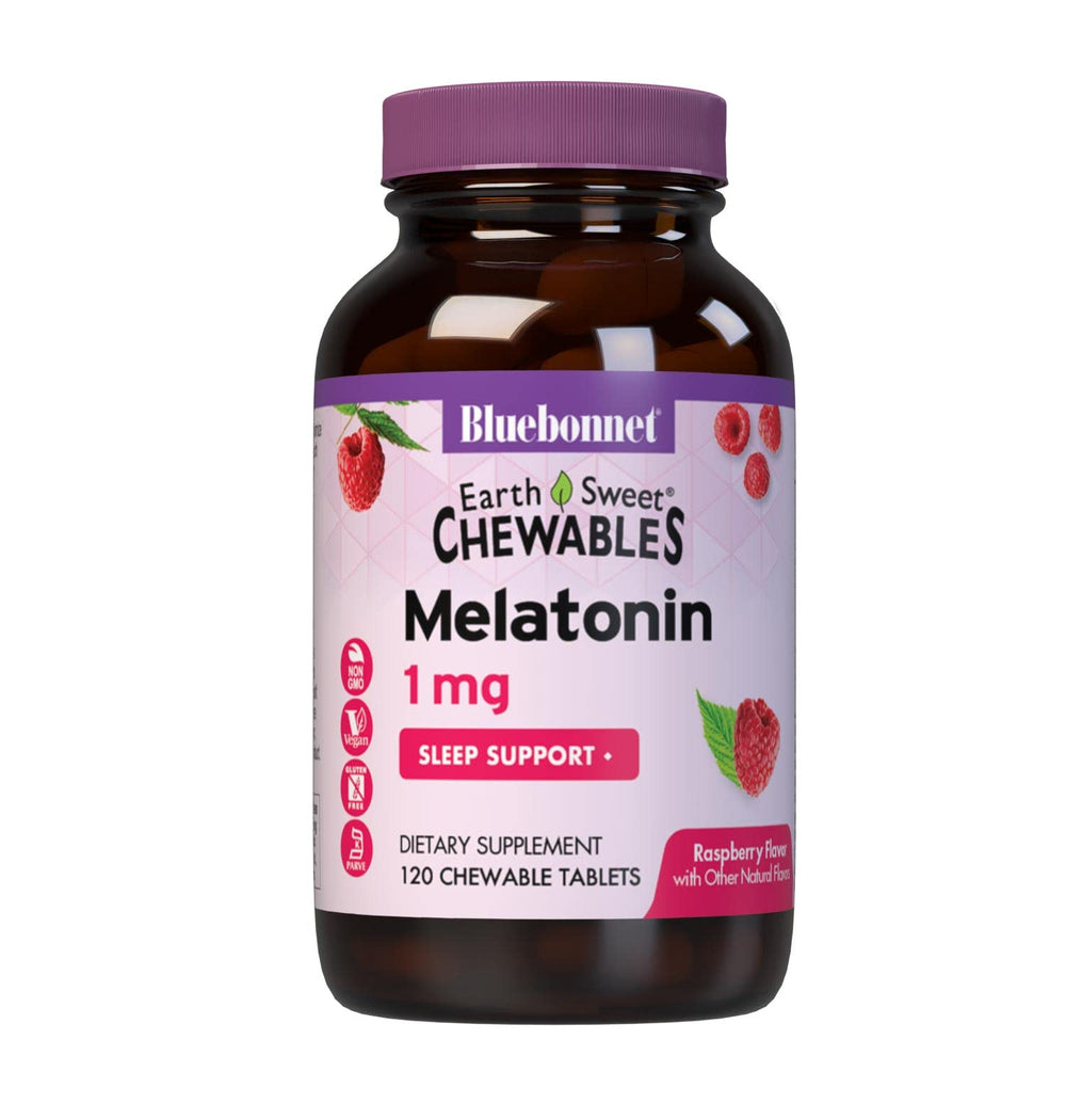 Bluebonnet EarthSweet Melatonin 1 mg chewables raspberry flavor on display