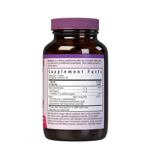 Raspberry flavored EarthSweet Methylfolate chewable tablet close-up