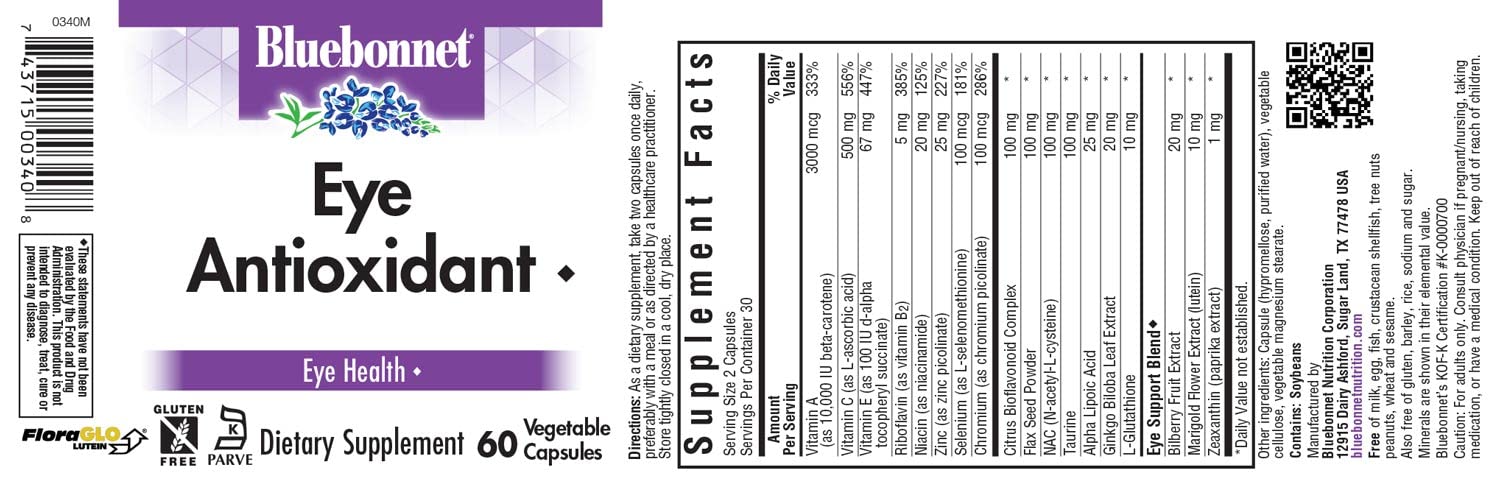 BlueBonnet Eye Antioxidant capsules close-up featuring gluten-free, dairy-free formula for sensitive diets.