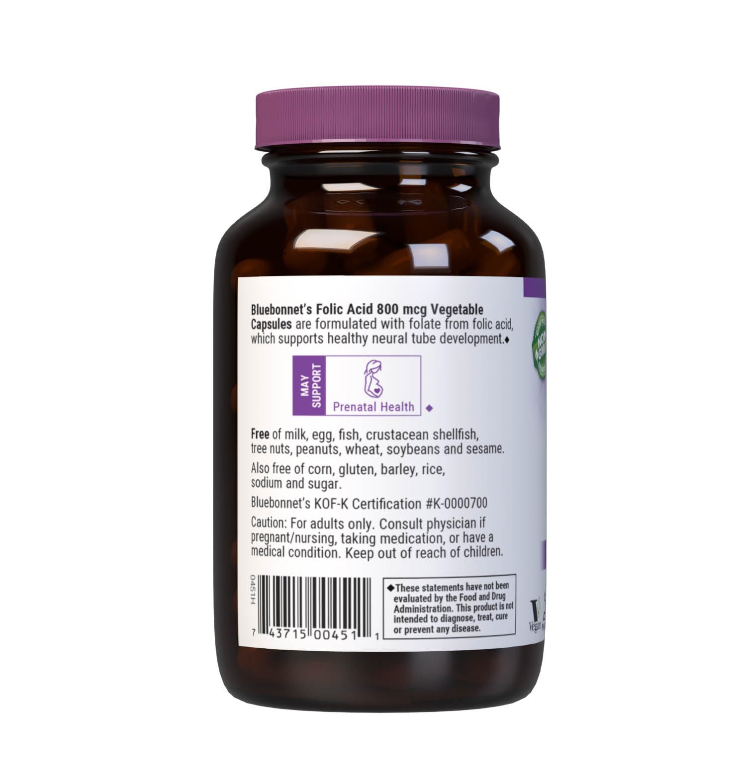 Non-GMO, vegan, kosher, gluten-free, dairy-free labeling on BlueBonnet folic acid product