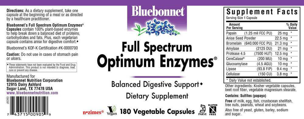 BlueBonnet Full Spectrum Optimum Digestive Enzymes ingredients label highlights vegan, gluten-free nutrition.