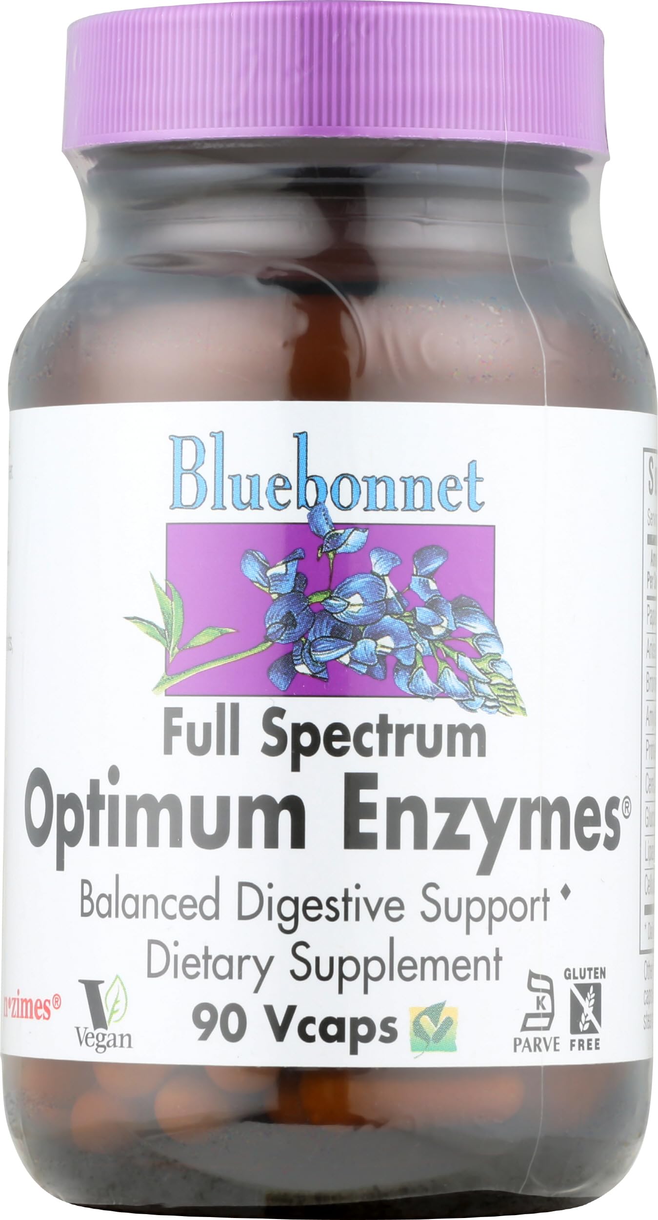 BlueBonnet Full Spectrum Optimum Enzymes vegetarian capsule bottle label - 90 count
