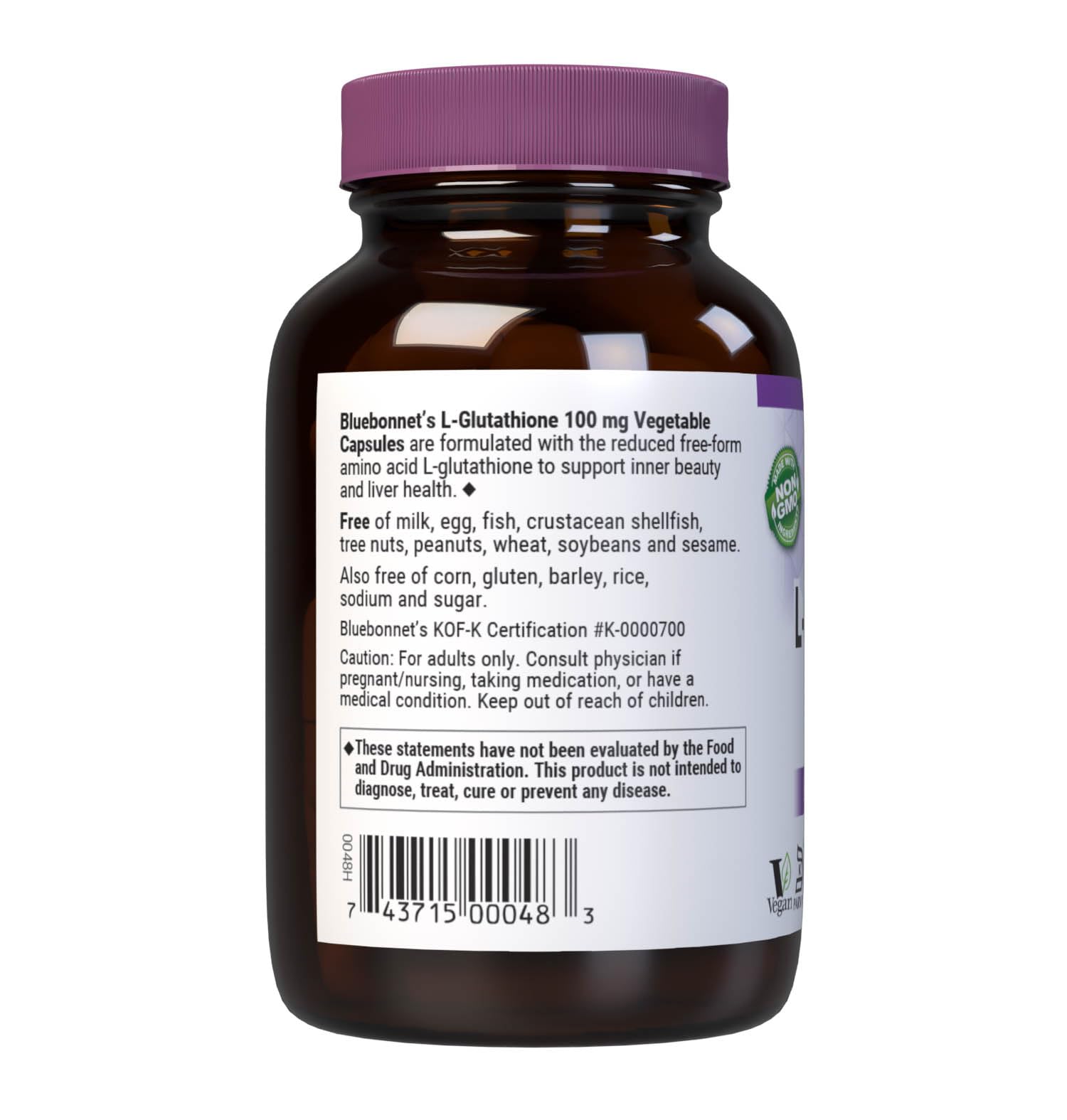 Nutritional label showing vegan, kosher, gluten-free notes on Bluebonnet L-Glutathione bottle