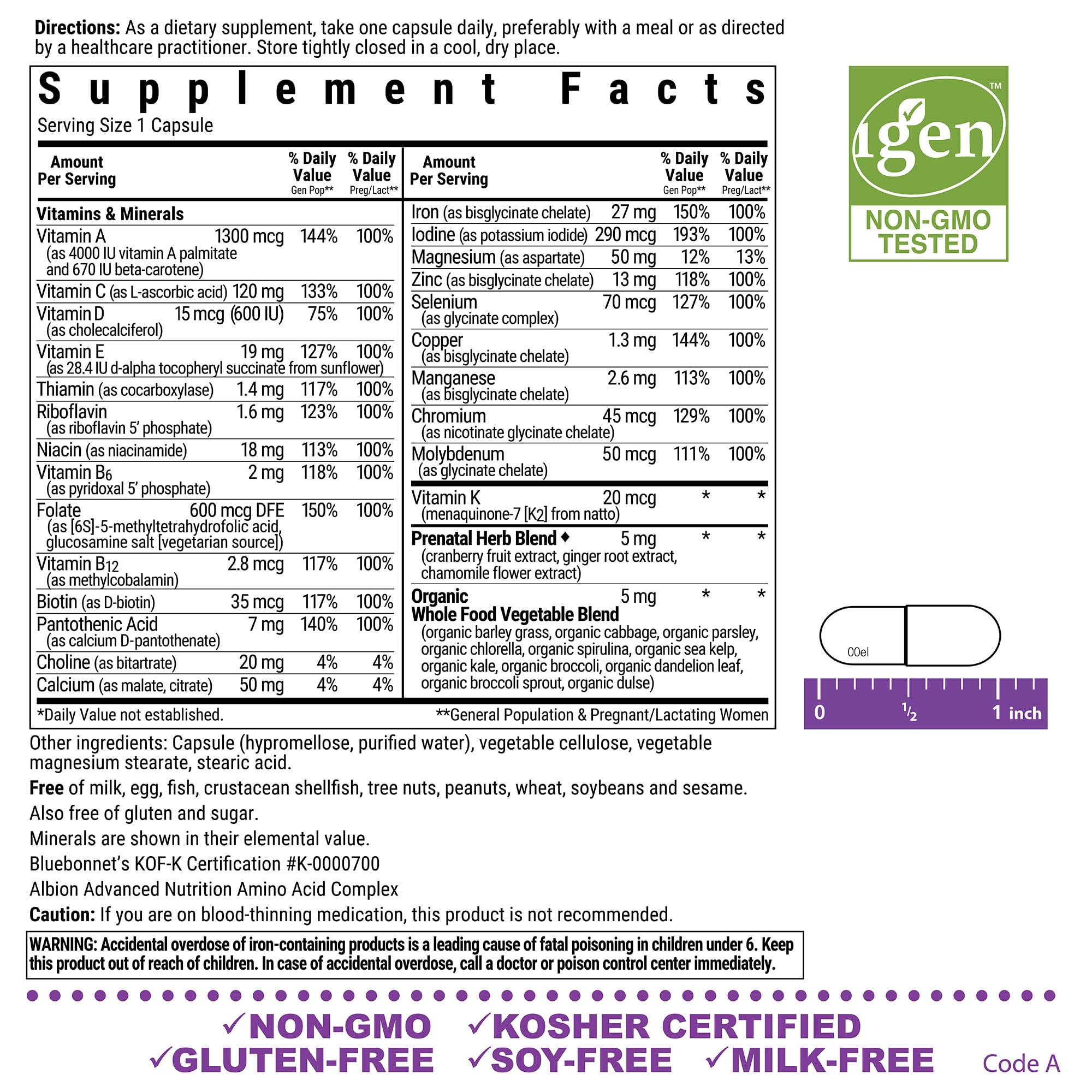 Close-up of prenatal multivitamin capsule showing ingredients