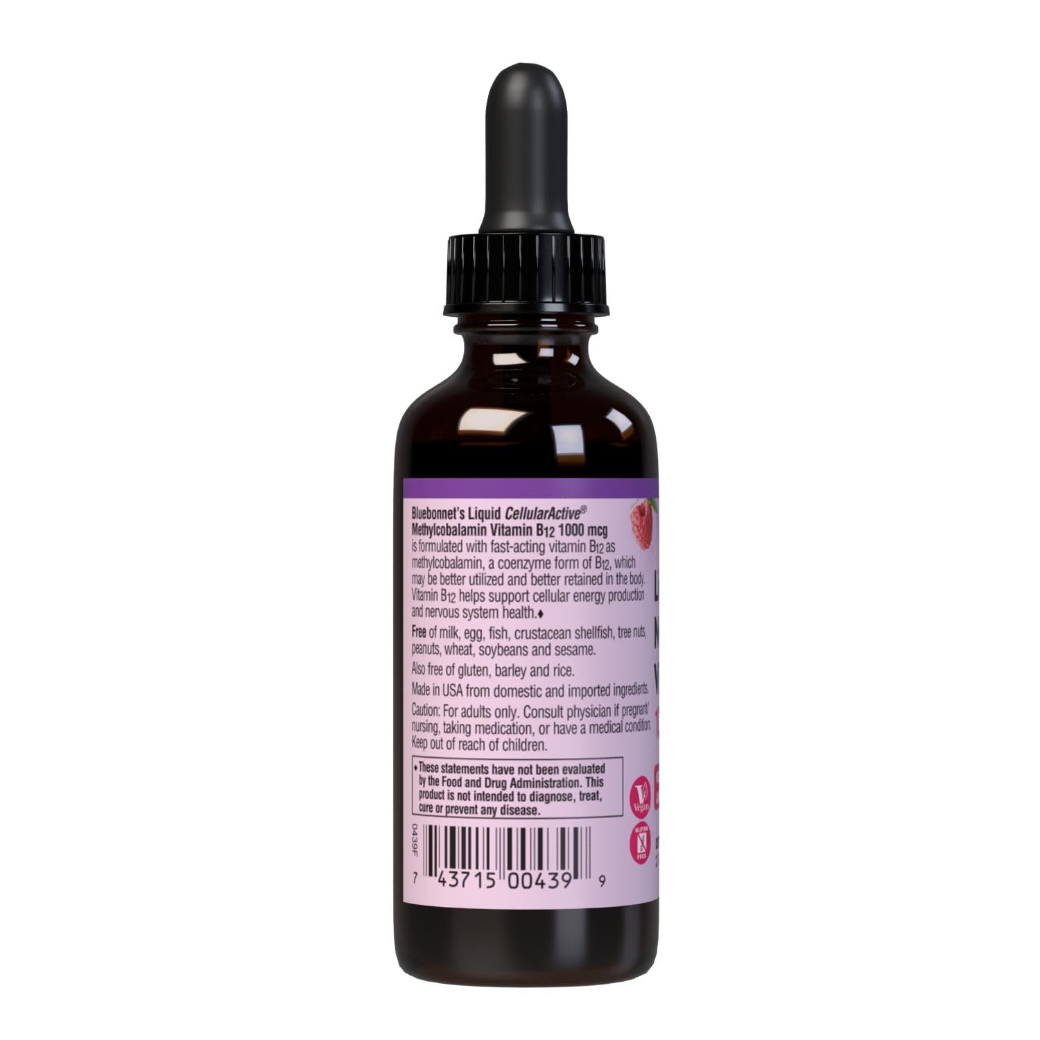 Dropper dispensing Raspberry flavored Vitamin B12 liquid