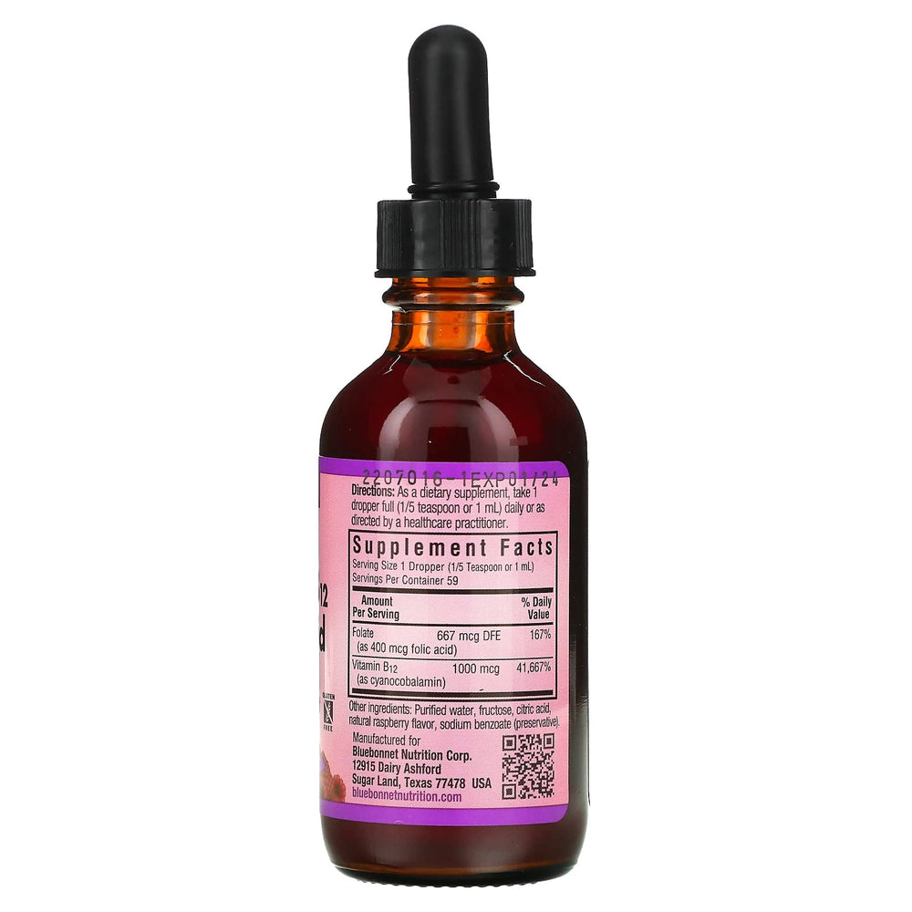Close-up of Raspberry flavored liquid vitamin B12 & Folic Acid bottle label