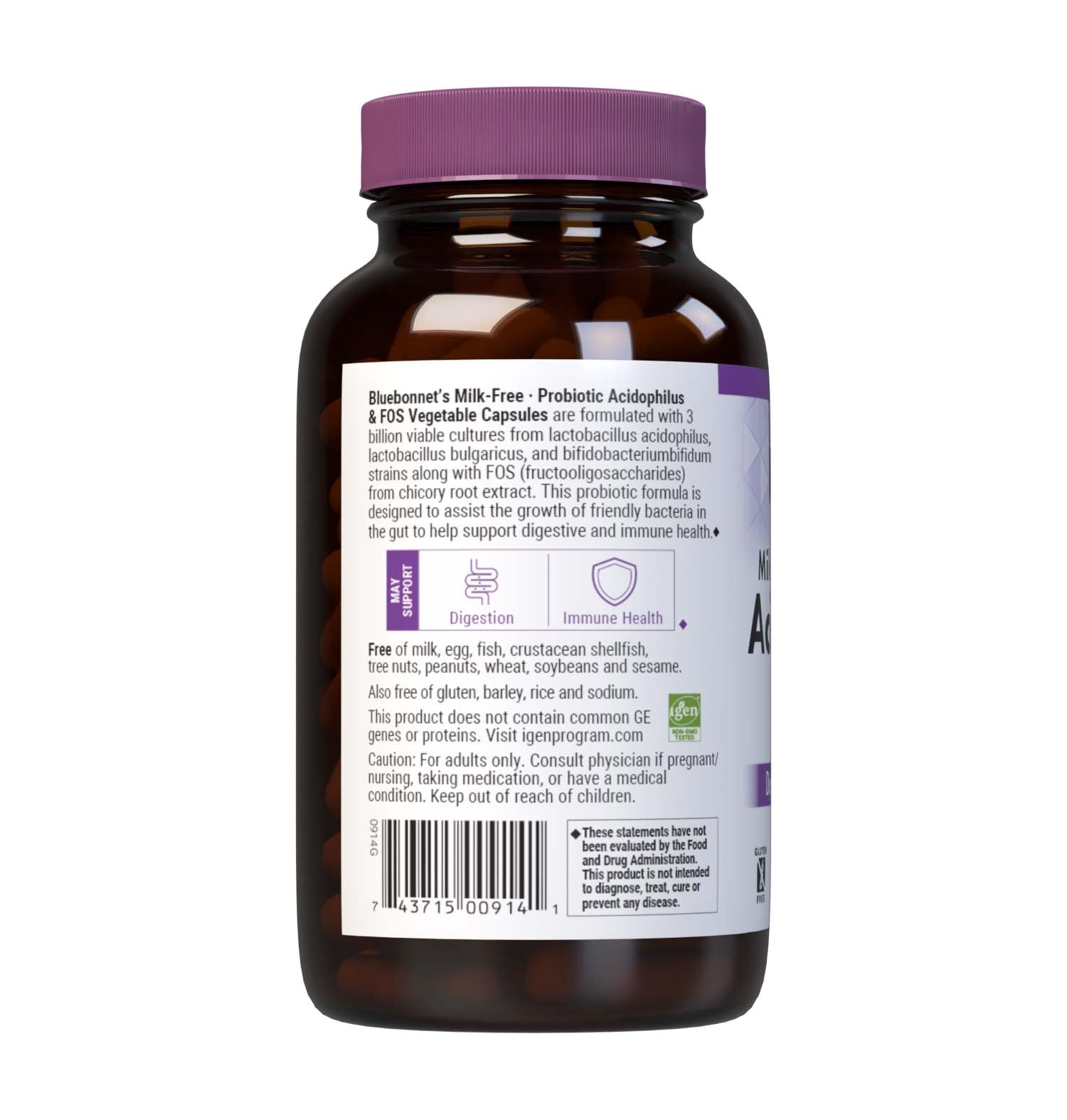 Back label showing gluten-free, dairy-free, soy-free and ingredient details