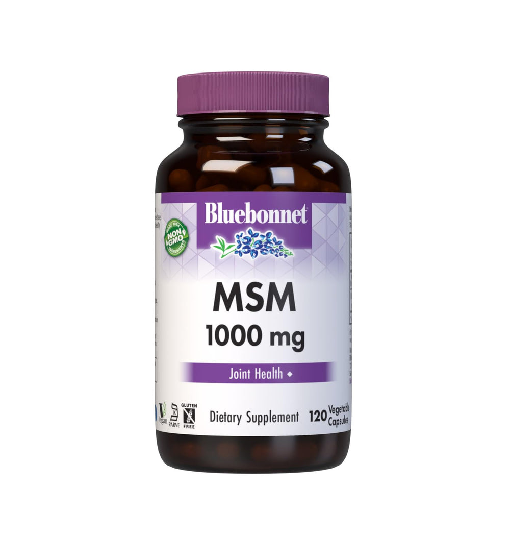 BlueBonnet MSM Supplement bottle label showing 1000 mg OptiMSM per serving
