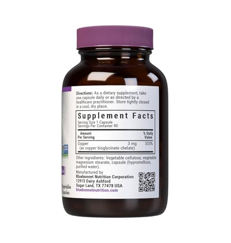 Bottle of Bluebonnet Chelated Copper 3 mg with 90 vegetable capsules