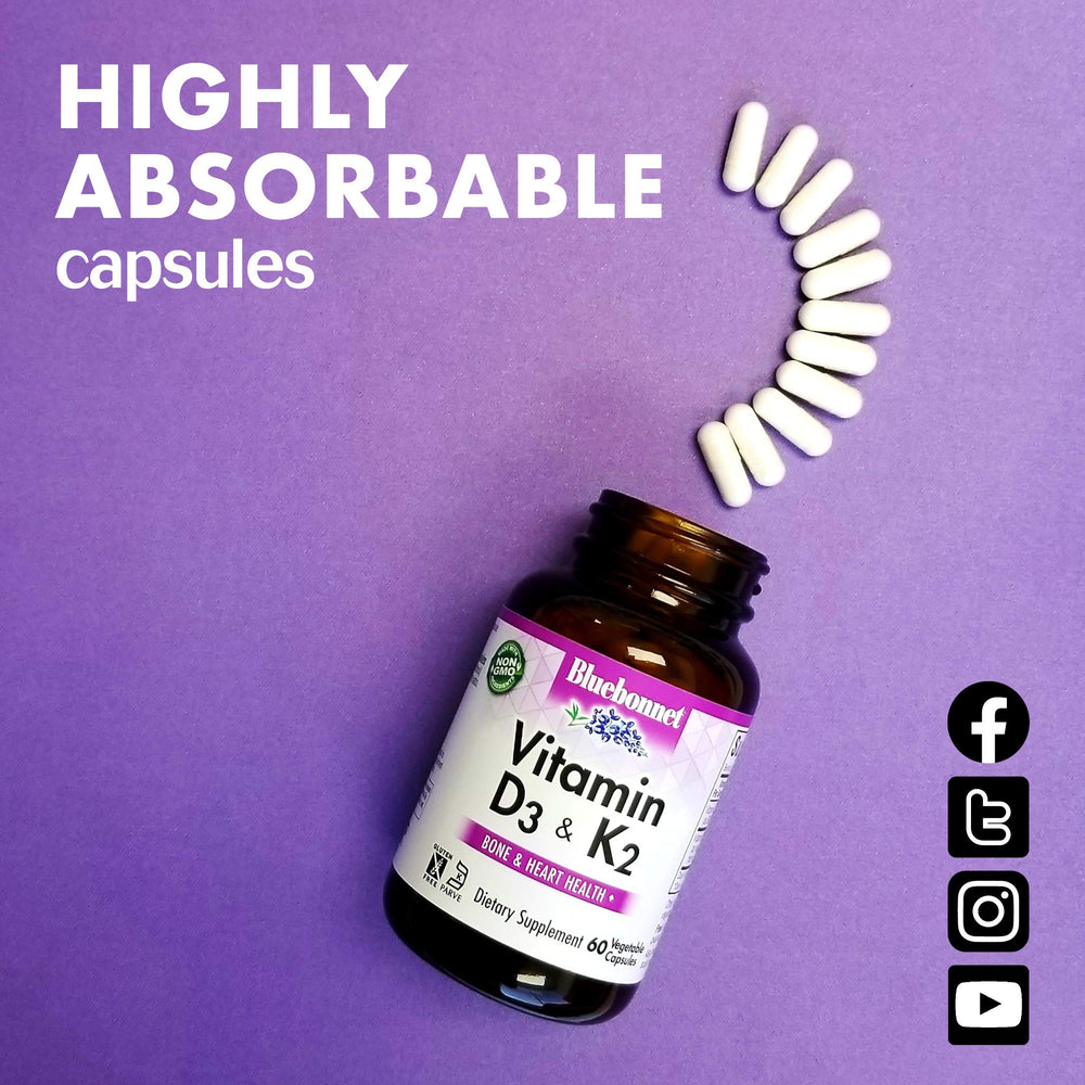 Nutrition facts panel of Bluebonnet D3 & K2 bottle