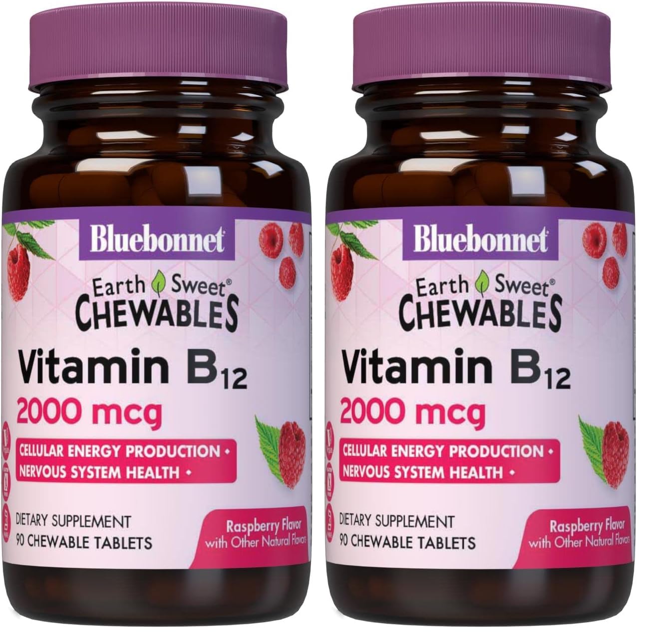 BlueBonnet Earth Sweet Vitamin B12 2000 mcg Raspberry chewable tablets bottle, pack of 2
