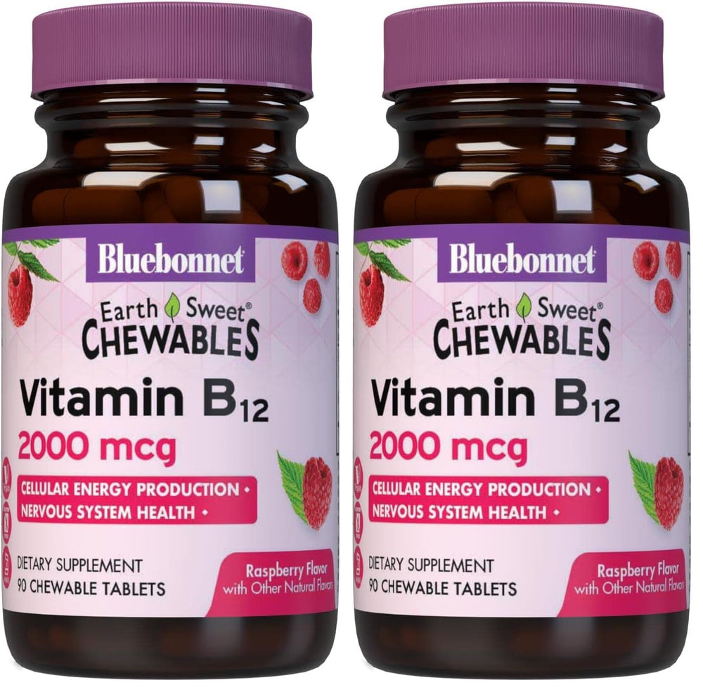BlueBonnet Earth Sweet Vitamin B12 2000 mcg Raspberry chewable tablets bottle, pack of 2