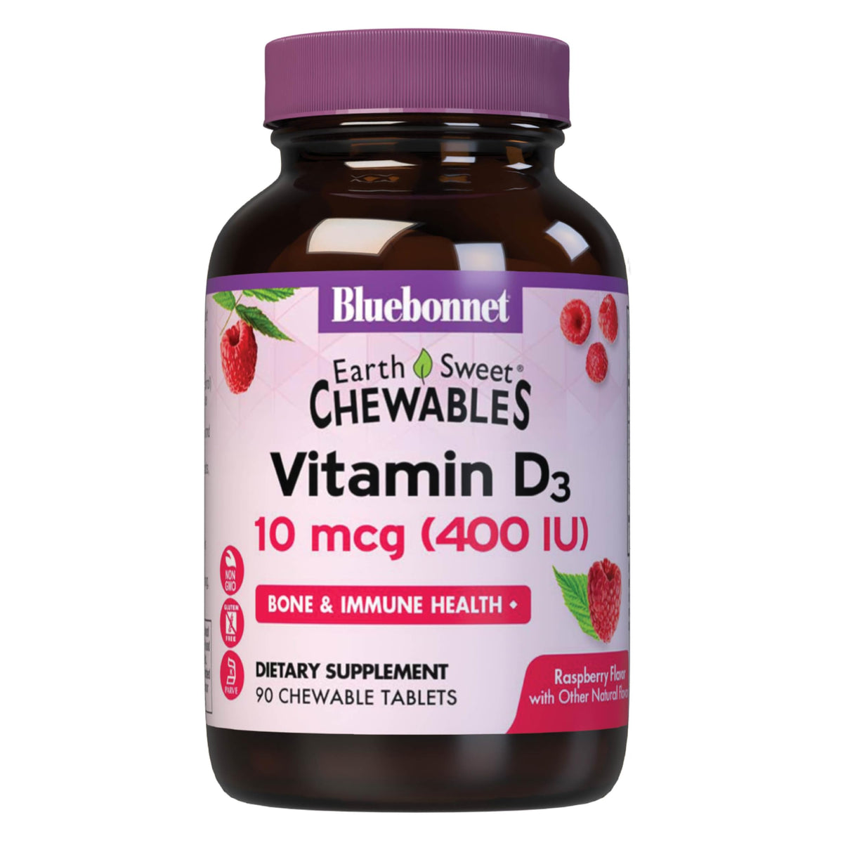 Bluebonnet EarthSweet Vitamin D3 400 IU Raspberry chewable tablets – front view