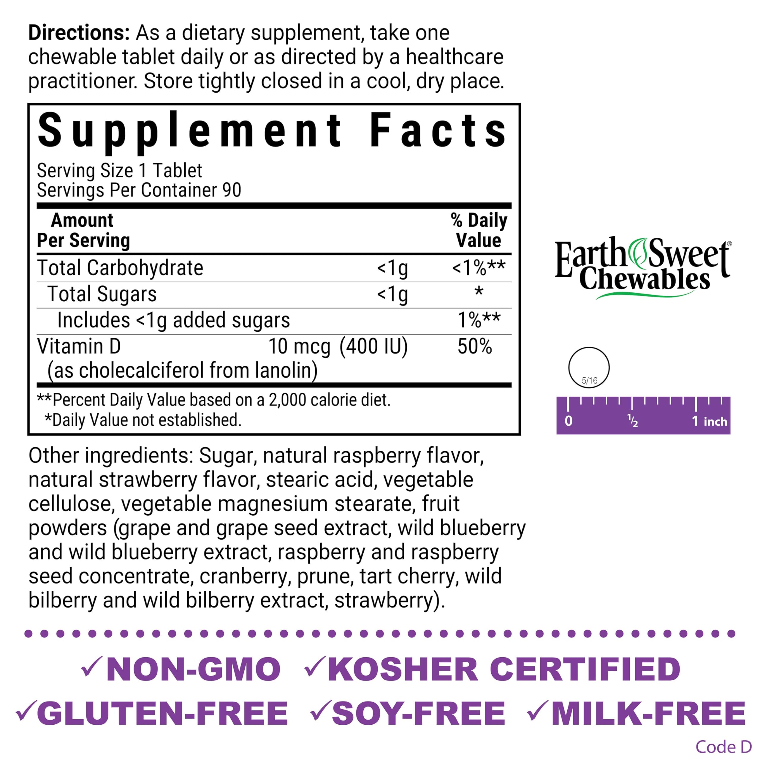 EarthSweet D3 400 IU Raspberry chewables – side view