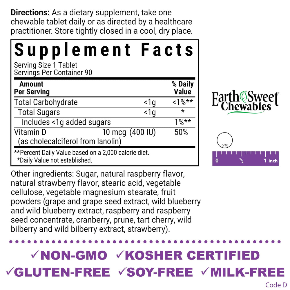 EarthSweet D3 400 IU Raspberry chewables – side view