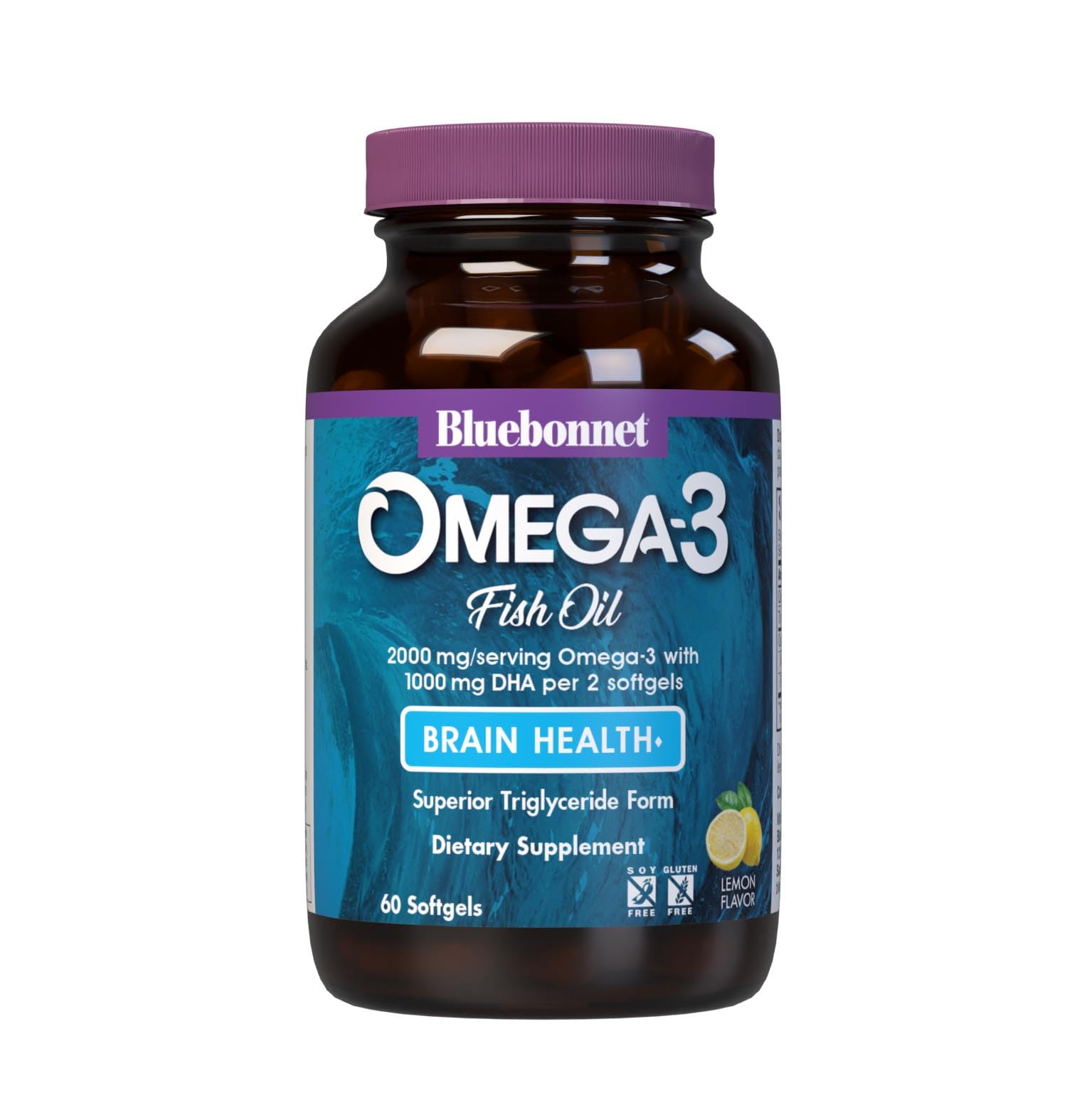 Bluebonnet Omega-3 Brain Formula bottle label with 60 softgels