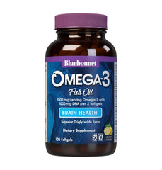 Front view of BlueBonnet Omega-3 Brain Formula lemon softgels bottle, 120 count