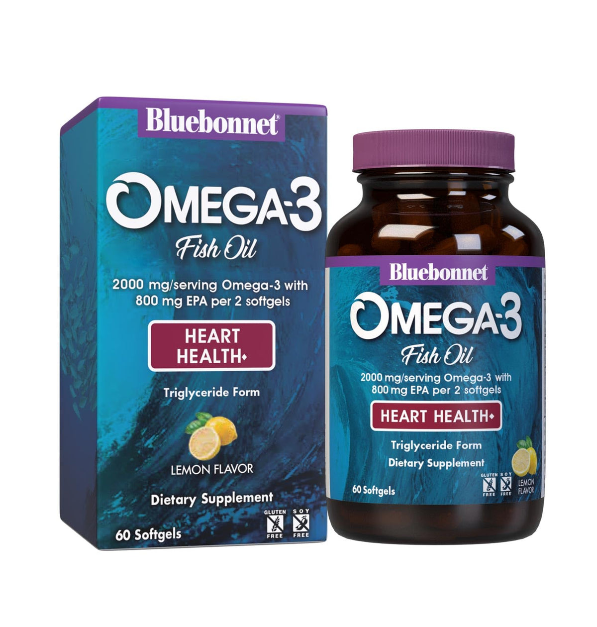 Bluebonnet Omega-3 Heart Formula bottle with 60 softgels