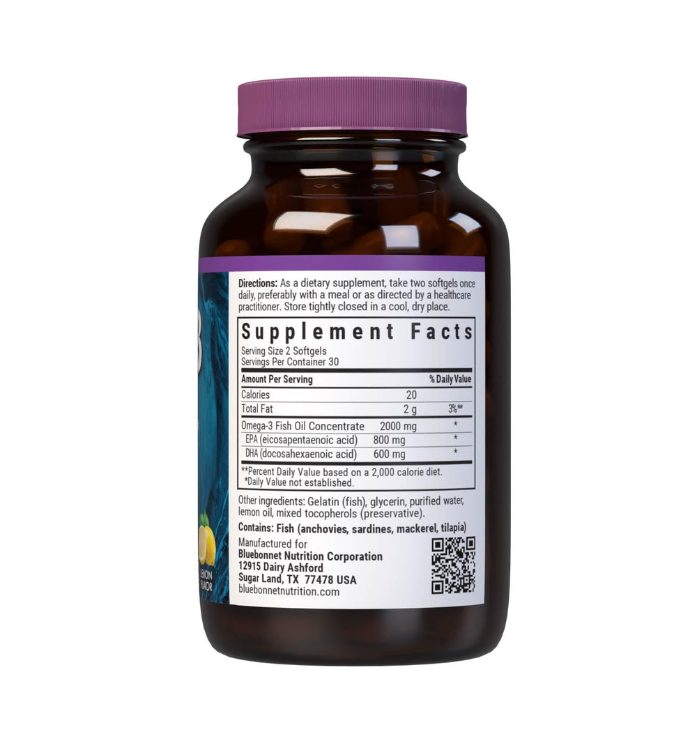 Label showing EPA 800 mg and DHA 600 mg per two softgels
