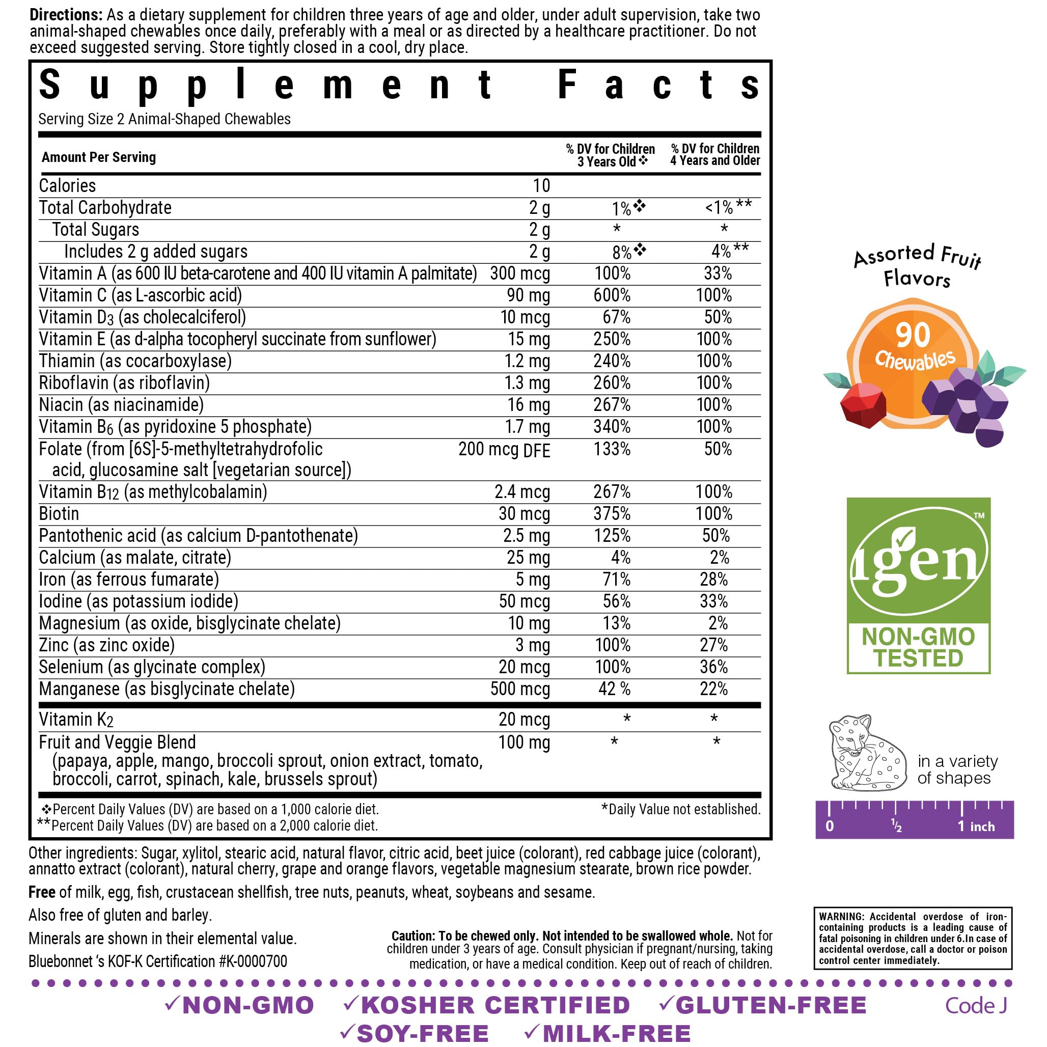 Assorted animal-shaped chewable tablets in mixed fruit flavors