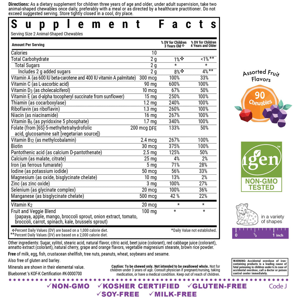 Assorted animal-shaped chewable tablets in mixed fruit flavors