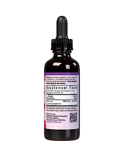 Close-up of Bluebonnet Raspberry B12 liquid drops label on the bottle.