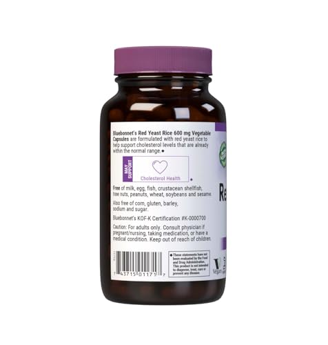 Front view of Bluebonnet Red Yeast Rice 600 mg bottle showing 120 servings