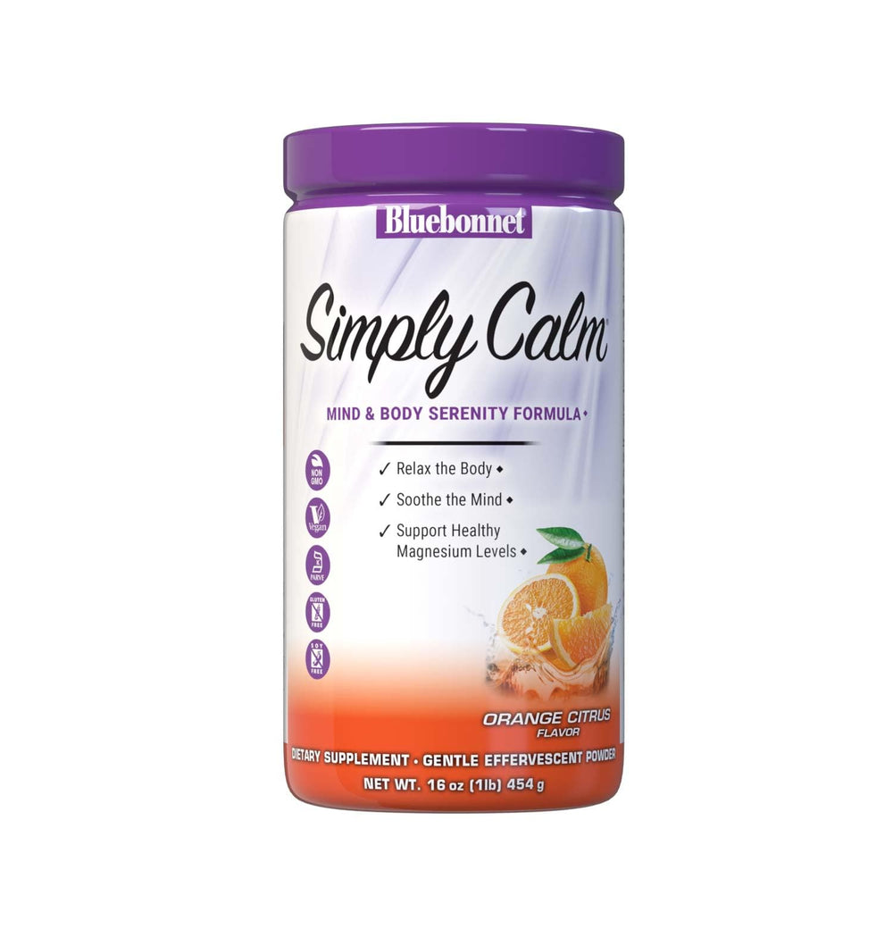 Front label of Bluebonnet Simply Calm Powder in orange citrus flavor