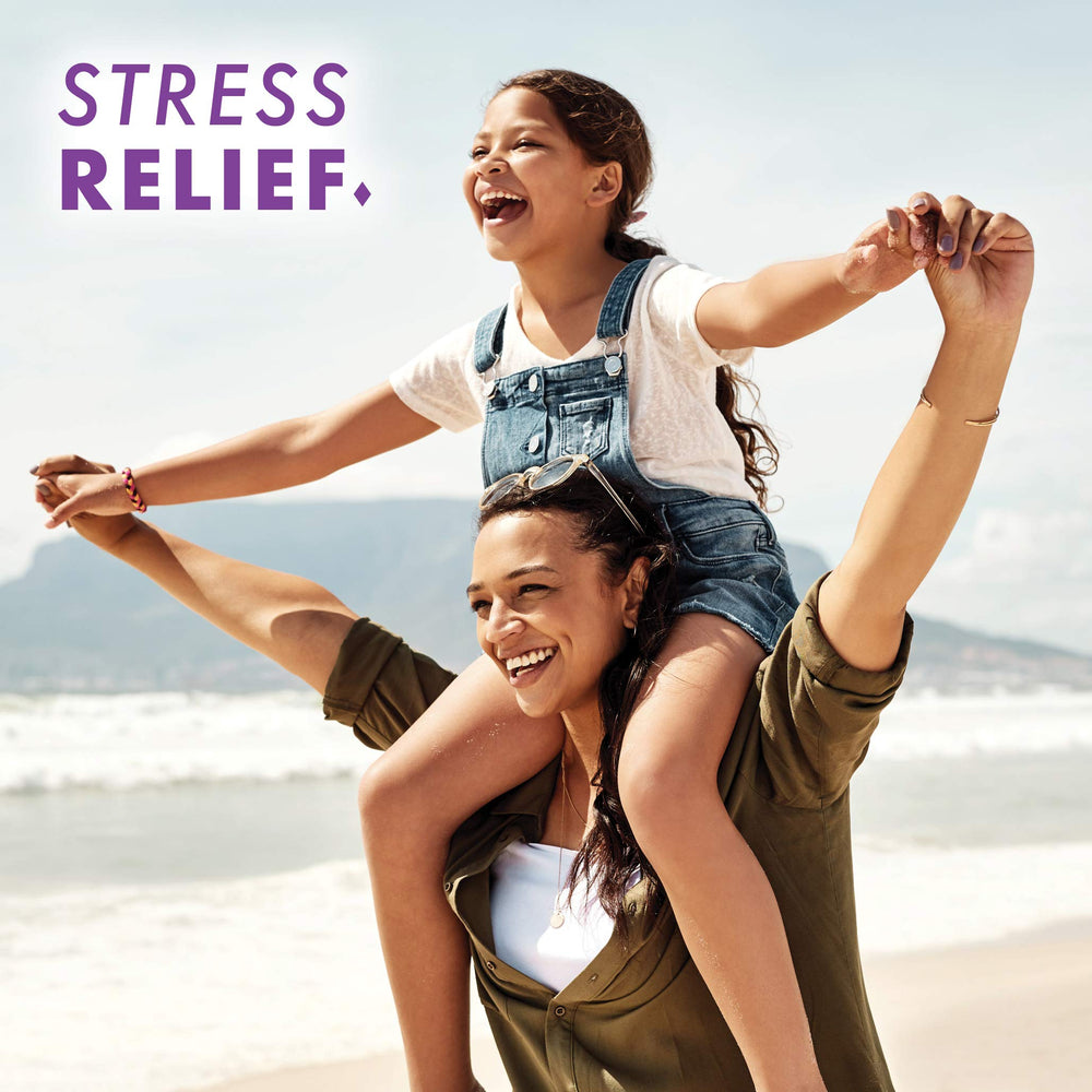 Stressor relief formula shown as vegan non-GMO with certifications