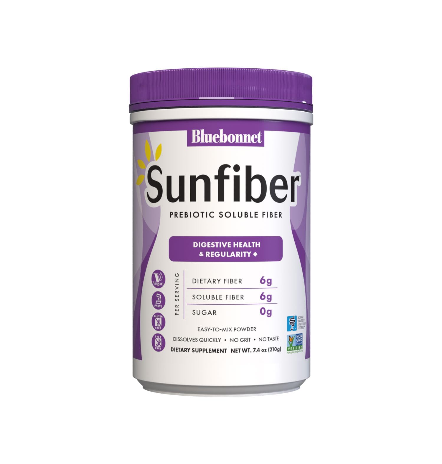 BlueBonnet Sunfiber 6 g plant-based prebiotic soluble fiber powder container